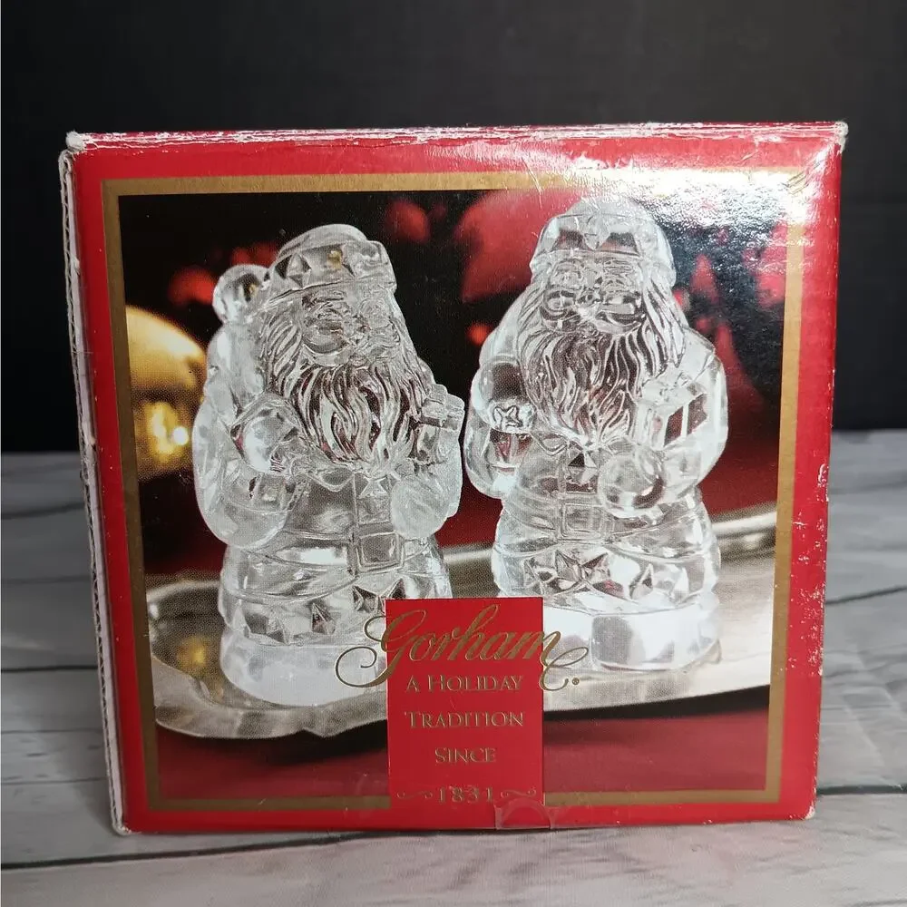 Vintage Gorham Holiday Heavy Clear Glass Santa Salt & Pepper Shakers Germany